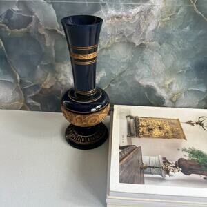 Hand Carved Wood Vase 8.5" Floral Design Decorative Black Brown